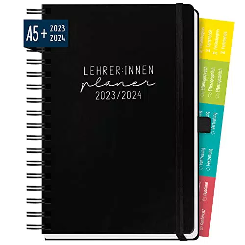 Häfft Lehrer-Planer Deluxe 2023/2024 A5+ Lehrerkalender mit Spiralbindung Leder-Einband
