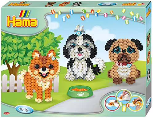 Hama Perlen 3156 Geschenk-Set Hunde mit ca. 4.000 bunten Midi Bügelperlen mit Durchmesser 5 mm