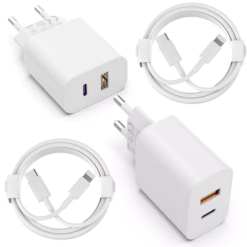 Handy Ladegerät, 2 Pack 2Port PD/QC Schnellladegerät mit Lightning Ladekabel 2M