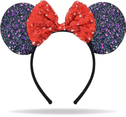 HatStar Glitzer Maus Ohren Haarreif, schwarz mit roter Schleife & Pailletten