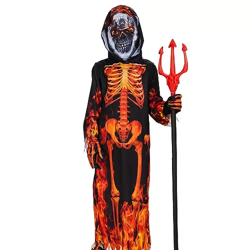 Herenear Kinder kostüm Teuflisches Skelett, Sensenmann Kostüm für Kinder mit Schädelmaske Handschuhen