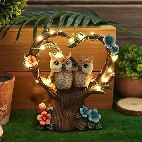 HIAME Gartendeko Figuren Solar Rost Garten Deko, Gartenfiguren beleuchtete Liebes-Herz-Vogel-Skulptur-Ornamente für Außen