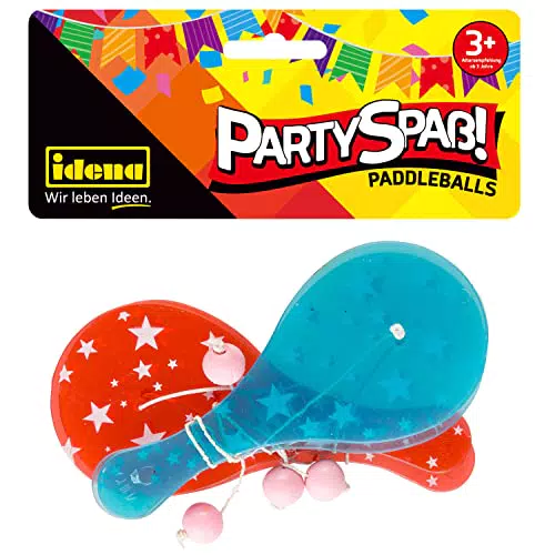 Idena 40435 Partyspaß Paddle, 4 Stück, mit Kunststoff Schlägern in rot und blau und je einem pinkfarbenen Ball