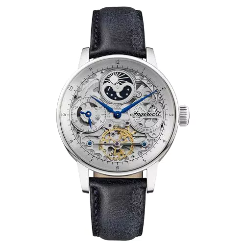 Ingersoll The Jazz 42 mm Automatik-Mondphasenuhr für Herren mit silbernem Skelett-Zifferblatt und blauem Echtlederarmband I07702