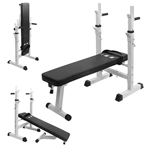 ISE Fitness Hantelbank Drückerbank Trainingsbank mit 5 Stufen Verstellbarer Ablage（91-110cm) und Dip-Griffen Fitnessgerät klappbar weiß SY-544-WH