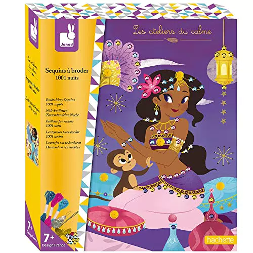 Janod - From 7 years old - Creative Sequin Kit to Embroider One Thousand and One Nights - Les Ateliers du Calme - Dexterity and Concentration - J07823