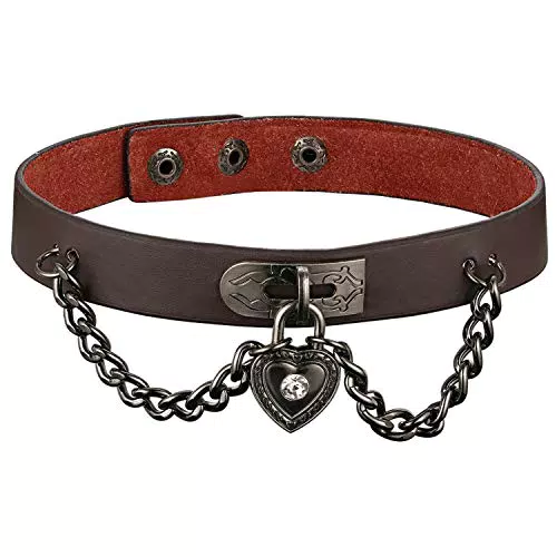 JewelryWe Leder Halsband Herz Choker: Damen Herren Braun Lederhalsband mit Herz Schloss Sperren Kette Anhänger Gothic Punk Kragen Halskette 38