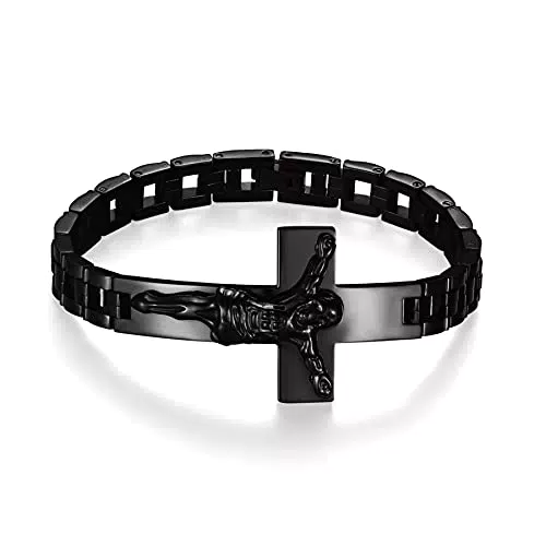 JewelryWe Schmuck Herren Armband mit Jesus Christus Kreuz Edelstahl Kruzifix Biker Link Handgelenk Armreif Armspange Vatertag Geschenk Schwarz