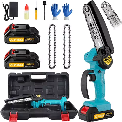 JINDUN Mini Kettensäge, 21V 6 Zoll Akku Kettensäge mit LED Leistungsanzeige