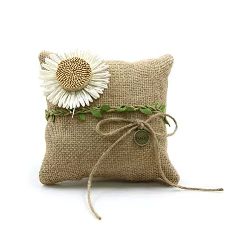 jinminamz Ringkissen Jute Hochzeit Vintage Sackleinen Ehering Eheringe Party Accessories Hochzeitsdeko Sonnenblume Dekoration Symbolisieren Positive Energie Einfachheit Erfrischend 17cmx17cm