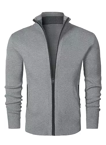JMIERR Strickjacke Herren Winter Fleecejacke Sweatjacke Trachtenjacke Gestrickt Cardigan mit Reißverschluß und Taschen Pullover Grau