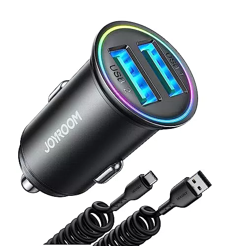 JOYROOM Zigarettenanzünder USB Adapter, 4.8A Mini Metal Auto Ladegerät mit 1.5M Spiral Type C Ladekabel 2-Port USB Kfz Ladegerät für iPhone 15/14/13/12
