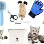 Katzen Pflegeset Wohlfühl Pflege Set für Katzen Tierpflegeset inkl. Fellbürste Flohkamm Krallenschere Fellhandschuh und Katzenminze Spielzeug für Katze Fellpflege Katzenspielzeug