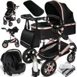 KESSER Loops 3 in 1 Kinderwagen Kombikinderwagen komplettset incl. Babywanne & Buggy Sportsitz & Auto-Babyschale - Voll-Gummireifen - Wickeltasche/Regenschutz/Kindertisch Set Schwarz/Rosé Gold