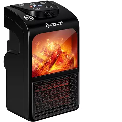 KESSER Steckdosen Heizlüfter Energiesparend Mini mit Kaminfeuereffekt Fernbedienung LCD Display Keramik Heizung mit Thermostat 400W - Temperaturregelung Timer Büro Badezimmer Schlafzimmer