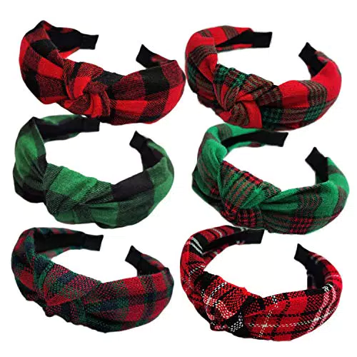 KizBruo 6PCs Weihnachten Geknotete karierte Stirnbänder Mode Vintage Turban Haarband Retro breites Stirnband für Frauen Mädchen Weihnachten Haarschmuck