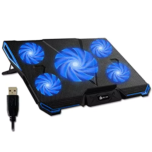KLIM Cyclone - Laptop Kühler - N24 - Ständer - Maximale Kühlung - Verhindere Ãœberhitzung - Schütze Dein Laptop - 5 Lüfter 2200 & 1200 RPM - Cooling Pad für Computer PS5 PS4 Xbox One - Blau