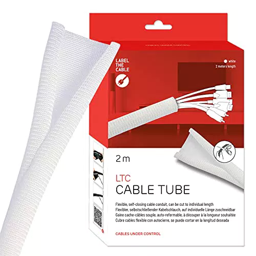LABEL THE CABLE Flexibler Robuster Kabelkanal - Selbstschließender Zuschneidbarer Kabelschlauch für das Perfekte Kabelmanagement - LTC CABLE TUBE - 2 m - Weiß - LTC 5120