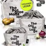 LAMOUNIA - Nachhaltige Boho Säckchen aus veganem Leder als Kartoffel Aufbewahrungsbox im 3er Set - Stoff Vorratsbehälter - Vintage Korb - Zwiebeln & Knoblauch Topf - Einzigartig - weiß