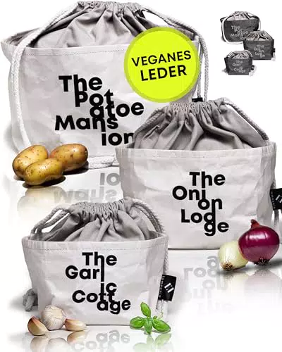 LAMOUNIA - Nachhaltige Boho Säckchen aus veganem Leder als Kartoffel Aufbewahrungsbox im 3er Set - Stoff Vorratsbehälter - Vintage Korb - Zwiebeln & Knoblauch Topf - Einzigartig - weiß