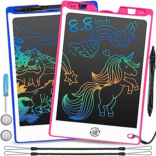 LCD Zeichentafeln Schreibtafel Kinder 8, 8 Zoll Buntes Zeichenbrett Lerngeschenk Spielzeug 2 Pack Elektronisch Löschbare Schreibtafeln mit Stift Magischer Zeichenblock für Junge Mädchen 0-6 Jahre