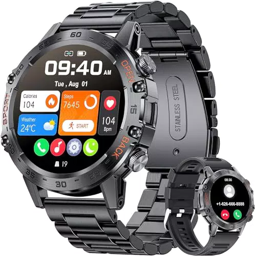 LIGE Smartwatch Herren mit Metallband, 1, 39 Zoll Militär Smart Watch mit Herzfrequenz