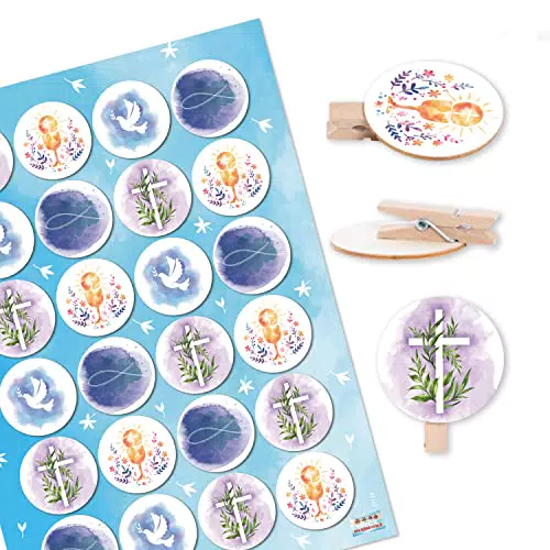 Logbuch-Verlag 24 Klammern mit Sticker Kommunion Firmung Gastgeschenke Verpackung Gäste Geschenk basteln Deko christlich religiös rund 4 cm