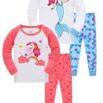 LOLPIP Mädchen Pyjamas 4-teiliges Set Nachtwäsche 100% Baumwolle PJs für Kinder Meerjungfrau Pyjamas Langarm 5-6 Jahre