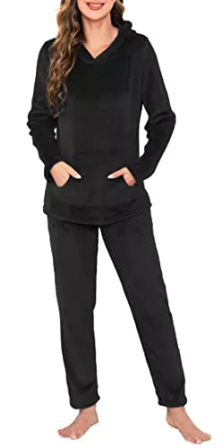 Lovasy Fleece Schlafanzug Damen Winter Lang Pyjama Set Warmer Flauschiger Frottee Schlafanzüge für Damen mit Kapuzen Taschen