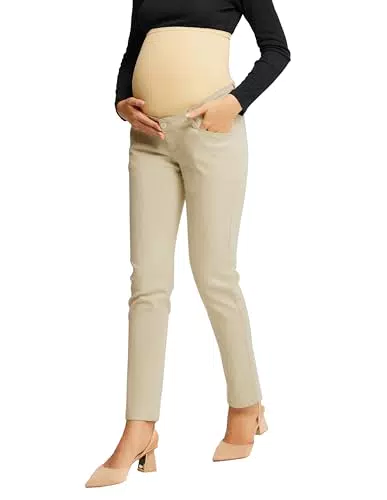 Maacie Umstandshose für Damen Elastische Atmungsaktive Schwangerschaftshosen mit Hohe Taille für Alltag Beige