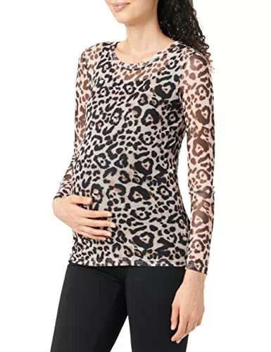 MAMALICIOUS Damen Mlsonia L/S Mesh Top, Oatmeal/Aop:black And Brown Leo Aop