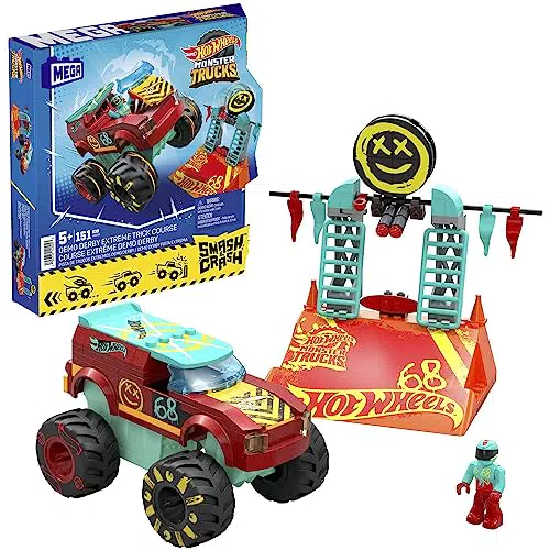MEGA Hot Wheels Monster Trucks Bauspielzeug, Demo Derby Extreme Stunt-Set mit 151 Teilen und 1 Mikro-Actionfigur