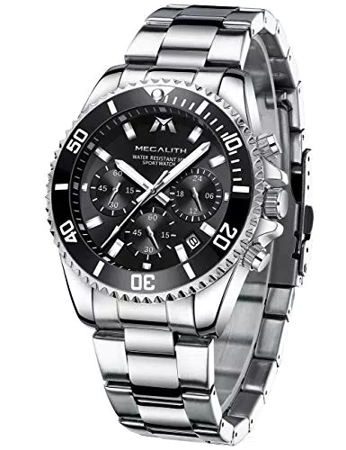 MEGALITH Herrenuhr Militär Edelstahl Silber Chronographen Herren Armbanduhr Großes Wasserdicht Schwarz Zifferblatt Leuchtende Uhren fur Männer Analog Datum