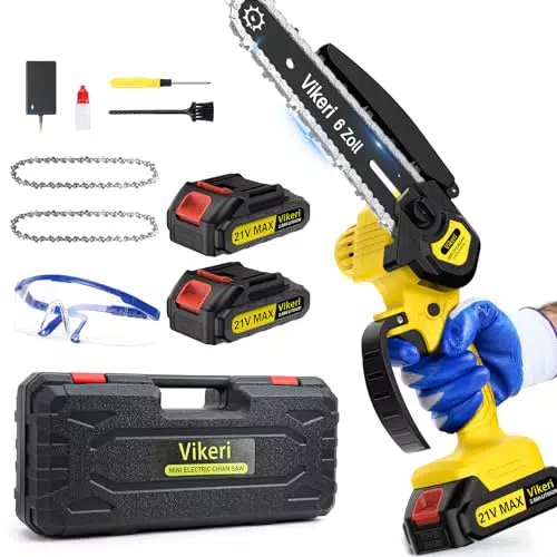Mini Kettensäge mit Akku 4000mAh, ‎Vikeri 6 Zoll Mini Kettensäge Elektro mit LED Leistungsanzeige 2 Akku 2000mAh