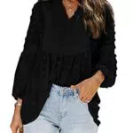 Modasua Damen Bluse Langarmshirt Langarm Sweatshirt Chiffon Einfarbig Vintage Spitze Bluse Tops Hemd Lose Oberteile V-Ausschnitt T-Shirt Tunika Elegant mit Ballonärmeln