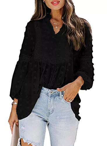 Modasua Damen Bluse Langarmshirt Langarm Sweatshirt Chiffon Einfarbig Vintage Spitze Bluse Tops Hemd Lose Oberteile V-Ausschnitt T-Shirt Tunika Elegant mit Ballonärmeln