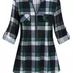 Opinscy Tunika Damen Langarm Damen V-Ausschnitt Kariert Bluse 3/4 Ärmel Kurzarm Reißverschluss Tunika Tops Longshirt Hemd T-Shirt Herbst Outfit Damen-Grün Kariert