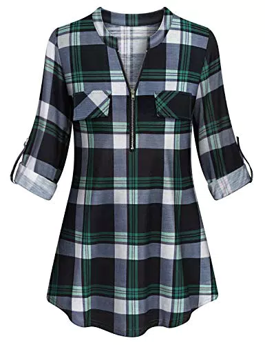 Opinscy Tunika Damen Langarm Damen V-Ausschnitt Kariert Bluse 3/4 Ärmel Kurzarm Reißverschluss Tunika Tops Longshirt Hemd T-Shirt Herbst Outfit Damen-Grün Kariert