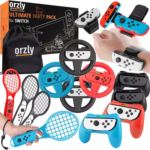 Orzly Party-Zubehör-Set für Nintendo-Switch-Konsole mit Controller-Griffen und Renn-Lenkrädern