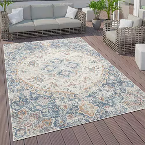Paco Home Outdoor Teppich Kurzflor Garten Terrasse Wohnzimmer Vintage Pastell Orientalisches Muster Modern