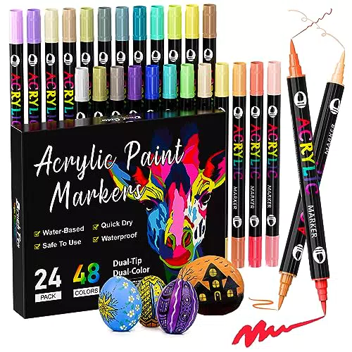 Patamiyar Acrylstifte für Steine Wasserfest, 48 Farben/24 Stifte Dual Tip Acrylfarben Stifte Steine Bemalen Set Acrylstifte für Steine Holz Glas Leinwand Papier Keramik DIY Fotoalben
