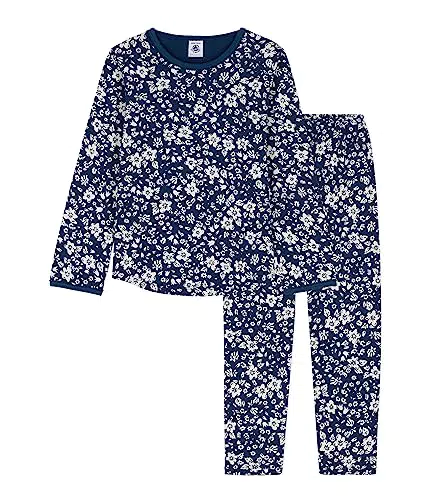 Petit Bateau Mädchen Pyjama, Blau Incognito / Weiss Marshmallow