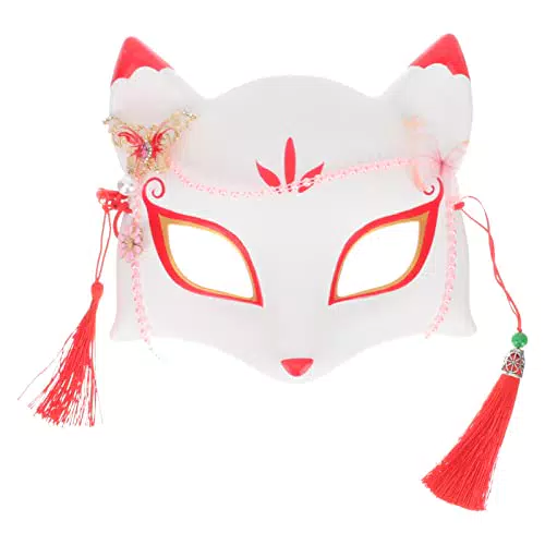 PRETYZOOM Halloween- Fuchsmasken Kitsune- Katzenmasken Japanische Kimono- Masken Halbe Maskerade- Masken mit Quaste Halloween- Cosplay- Requisiten für Männer Frauen Weiß
