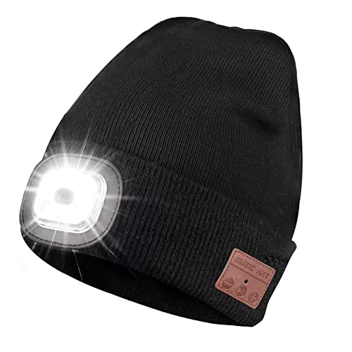 Puersit Bluetooth Mütze mit LED Licht Männer, Unisex Mütze mit Musik mit Kopfhörer & Lautsprechern LED Mütze zum Camping Laufen Wandern