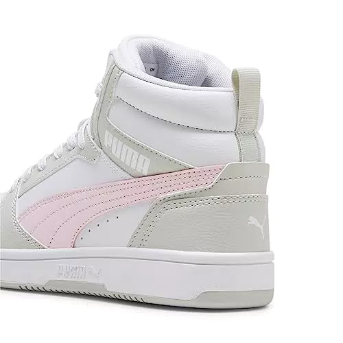 PUMA Rebound V6 MID JR Sneaker, White-Frosty PINK-Sedate Gray