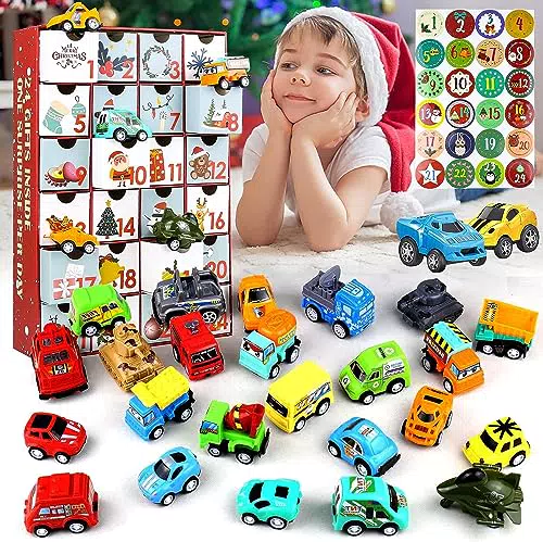 QIAMO Adventskalender Auto Kinder 2023, 24 Tage Countdown-Kalender Auto Spielzeug Weihnachtskalender