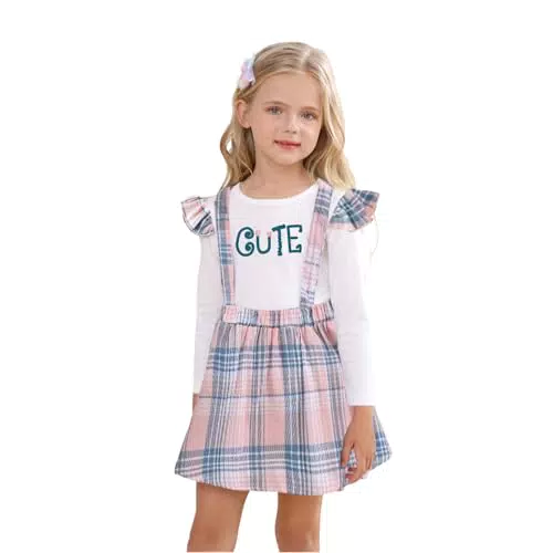Qiraoxy Baby Mädchen Kleidung Set Ruffle Langarm tShirt Top Kariertes Strapse Rock Kleid Set Kleinkind Kinder Mädchen Baumwolle Bekleidungsset