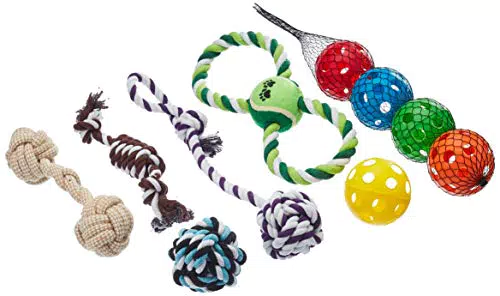 Relaxdays Hundespielzeug Set 10 teilig, 5 Bälle, Tauspielzeug & Zerrspielzeug