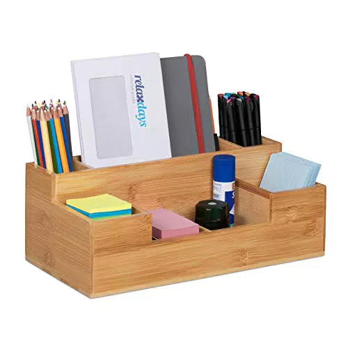 Relaxdays Schreibtisch, 7 Fächer, Bambus-Organizer