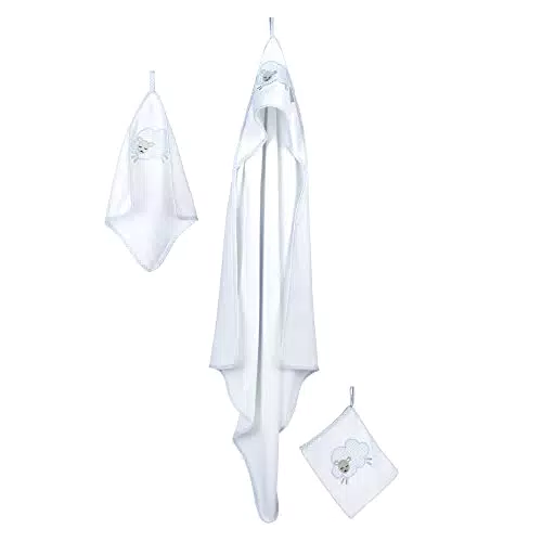roba Handtuch Set 'Kleine Wolke' für Babys - 3 teiliges Kapuzenhandtuch für Kinder - Handtuch + Waschlappen - Frotee Baumwolle - Wolken Motiv - Weiß / Blau